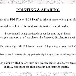 May include: A white background with the text "PRINTING & SHARING" in a bold, black font. The text provides instructions for downloading and printing files, including using cardstock paper and professional printing services.