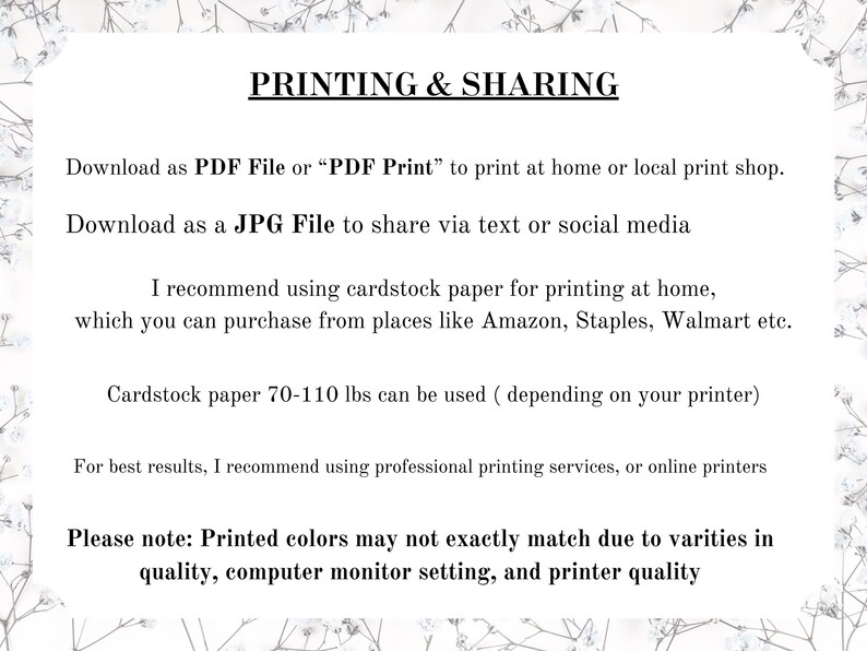 May include: A white background with the text "PRINTING & SHARING" in a bold, black font. The text provides instructions for downloading and printing files, including using cardstock paper and professional printing services.