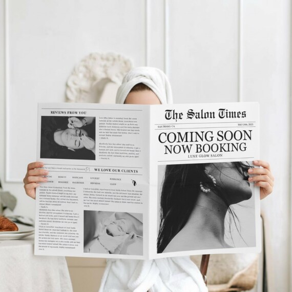 Canva Business Newspaper Photoshoot Template Newsletter Custom Canva News Paper Hair Salon Small Business Esthetician Flower Wrap Newspaper