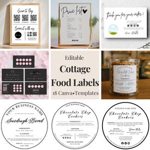 Bundel canva-sjablonen voor bewerkbare cottage-voedseletiketten | Labels voor cottage-wetten | QR-codebord Prijslijst Klantenkaarten Verpakkingssticker pdf, png