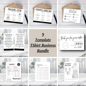 May include: A set of nine printable templates for a T-shirt business, including iron-on instructions, vinyl decal application guides, washing instructions, order forms, and invoices. The templates are displayed on a light background.