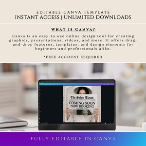 May include: A laptop displays a Canva template with the text "The Salon Times, Coming Soon, Now Booking." The image also includes the text "Editable Canva Template, Instant Access, Unlimited Downloads" and "Fully Editable in Canva."