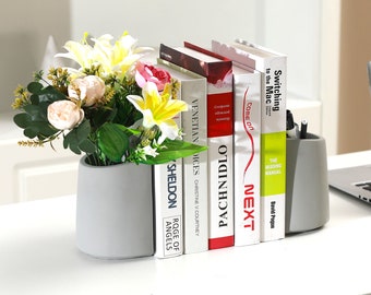 Decorative Bookends, Concrete Planter Bookends, Heavy Duty Book Ends Non-Skid, Vase for Flowers and Pencil Holder, Bookends for Shelves