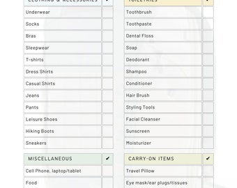 Könnte beinhalten: Eine schwarz-weiße Checkliste mit dem Titel "PREPAREDNESS CHECKLIST" mit Kategorien für Kleidung, Toilettenartikel, Sonstiges und Handgepäck. Jede Kategorie hat eine Liste von Artikeln mit Kontrollkästchen.