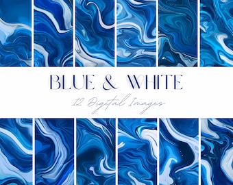 Liquid Marble Blue & White Paint Digital Printable Paper, Seamless High Quality Marble Liquid Texture Instant Download for Print and Design