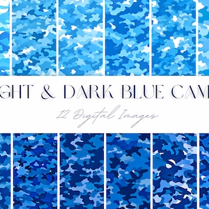 Op de afbeelding: Twaalf digitale afbeeldingen van blauwe camouflagepatronen. De patronen variëren van lichtblauw tot donkerblauw.
