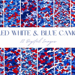 May include: Twelve digital images of red, white, and blue camouflage patterns.  The text "RED WHITE & BLUE CAMO" and "12 Digital Images" is displayed below the images.