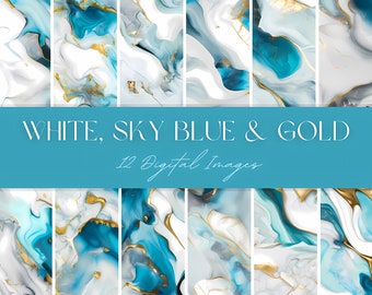 Liquid Marble White Sky Blue & Gold Digital Printable Paper, Seamless High Quality Marble Liquid Texture Instant Download for Print Design