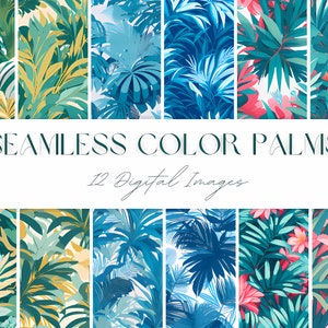 May include: Twelve digital images of seamless patterns featuring colorful palm leaves in various shades of blue, green, and yellow. The patterns are perfect for creating tropical-themed designs.