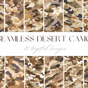 Seamless Desert Tan Camo Texture Papel imprimible digital, Patrón de camuflaje militar para niños Descarga instantánea de alta calidad para impresión y diseño