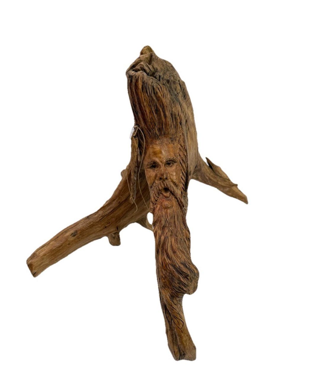 Hand Carved Wood Old Man Face W Feather Spirit Tree Sculpture Figure 12 ...