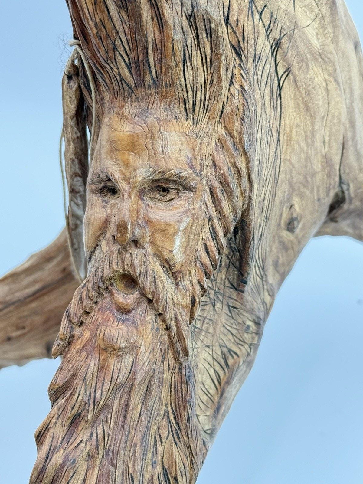 Hand Carved Wood Old Man Face W Feather Spirit Tree Sculpture Figure 12 ...