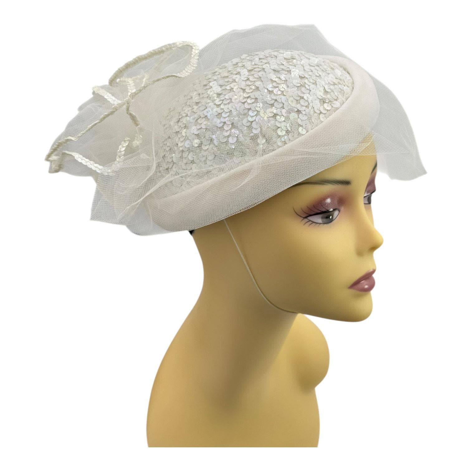 Vintage White Off-white Hat W/ Netting Sequins Classic  display picture 2