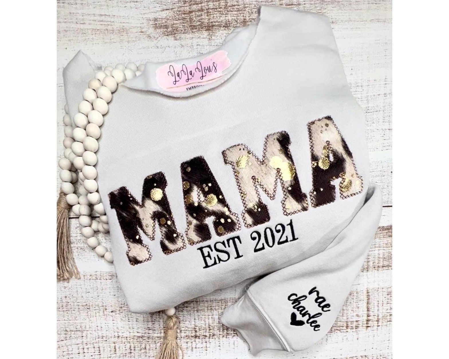 MAMA Embroidered Sweatshirt Cow Print MAMA Shirt Mama sweater with names Women's Clothing Personalized T Shirt Embroidery