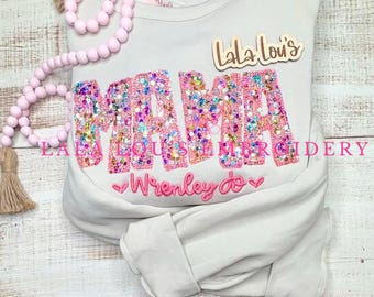 PINK Multicolor Sequin Sweatshirt Gift for Mama, Mama Sweatshirt, Embroidery, MIMI Sweater, GIGI Shirt, Embroidered Gift