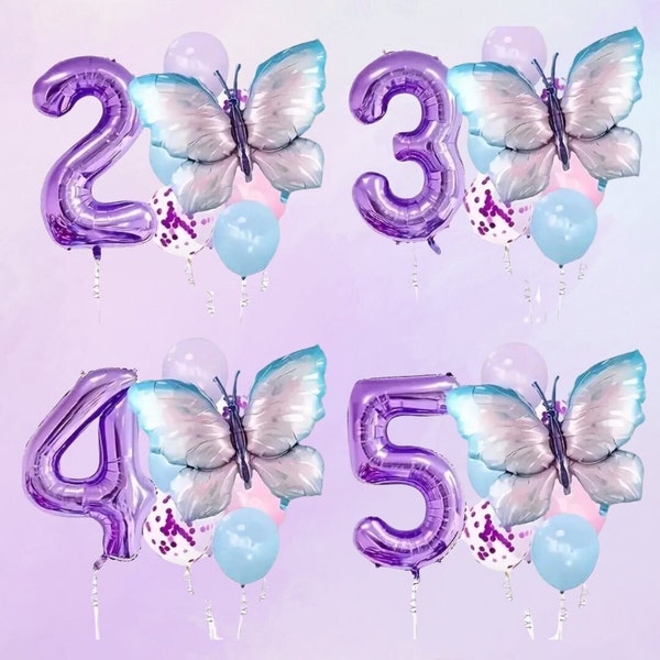 Purple Butterfly Number Balloon Bouquet - 9 piece set! Perfect for Birthdays!