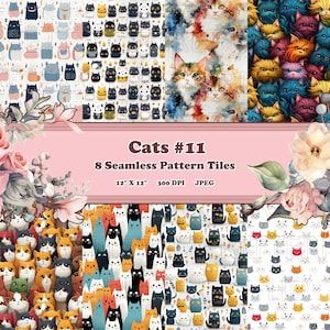 Katter #11 - 8 utskrivbara klippboksark - Sömlösa, kakelbara - Digitala bakgrundspapper - Ljusa färgglada katter Kattungar Kattungar Kissekatt