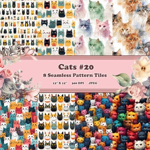 May include: Eight digital seamless pattern tiles featuring colorful cartoon cats. Each tile is 12 inches by 12 inches and 300 DPI. The text "Cats #20" is displayed at the top of the image.