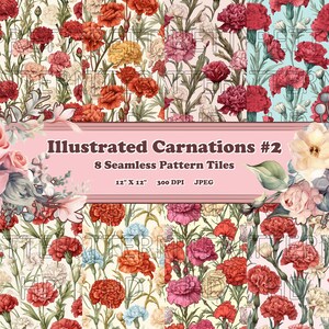 Illustrierte Nelken #2 - 8 druckbare Scrapbook Blätter - Endlose Nahtlose Muster - Digitale Hintergründe Papier - Botanisch