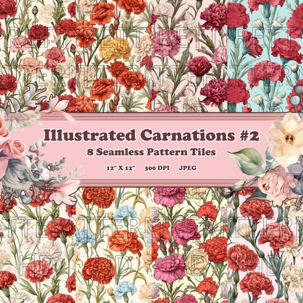 Illustrated Carnations #2 - 8 Printable Scrapbook Sheets - Continuous Seamless Patterns - Digital Backgrounds Paper - Botanical