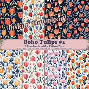 May include: Eight digital paper tiles featuring a seamless pattern of colorful tulips on a white, cream, or dark blue background. The text "Boho Tulips #1" is displayed at the top of the image.