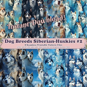 Puede incluir: Ocho diseños digitales de papel con huskys siberianos en varias poses y colores. Los diseños son sin costuras y se pueden usar para scrapbooking, papelería o tela.
