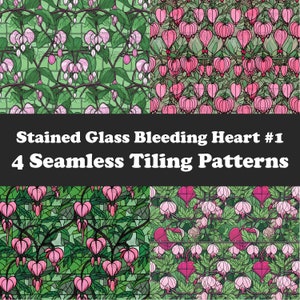 May include: Four seamless tiling patterns featuring a stained glass design of bleeding heart flowers in pink and green. The patterns are perfect for crafting, scrapbooking, and digital design.