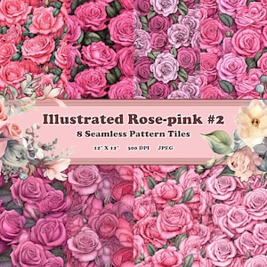 Illustrierte Rosen Pink #2 - 8 druckbare Scrapbook-Blätter - nahtlos aneinanderteilbar - digitale Hintergründe - leuchtend bunt floral