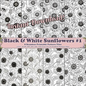 Black & White Sunflowers #1 - 8 Printable Scrapbook Sheets - Seamless Tileable - Digital Backgrounds Paper - Bright Colorful Floral