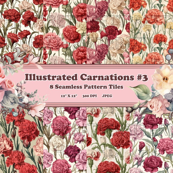 Illustrated Carnations #3 - 8 Printable Scrapbook Sheets - Continuous Seamless Patterns - Digital Backgrounds Paper - Botanical