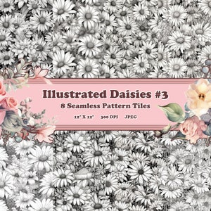 Illustrierte Gänseblümchen #3 - 8 druckbare Scrapbook-Blätter - nahtlos aneinanderteilbar - digitale Hintergründe - leuchtend bunt floral