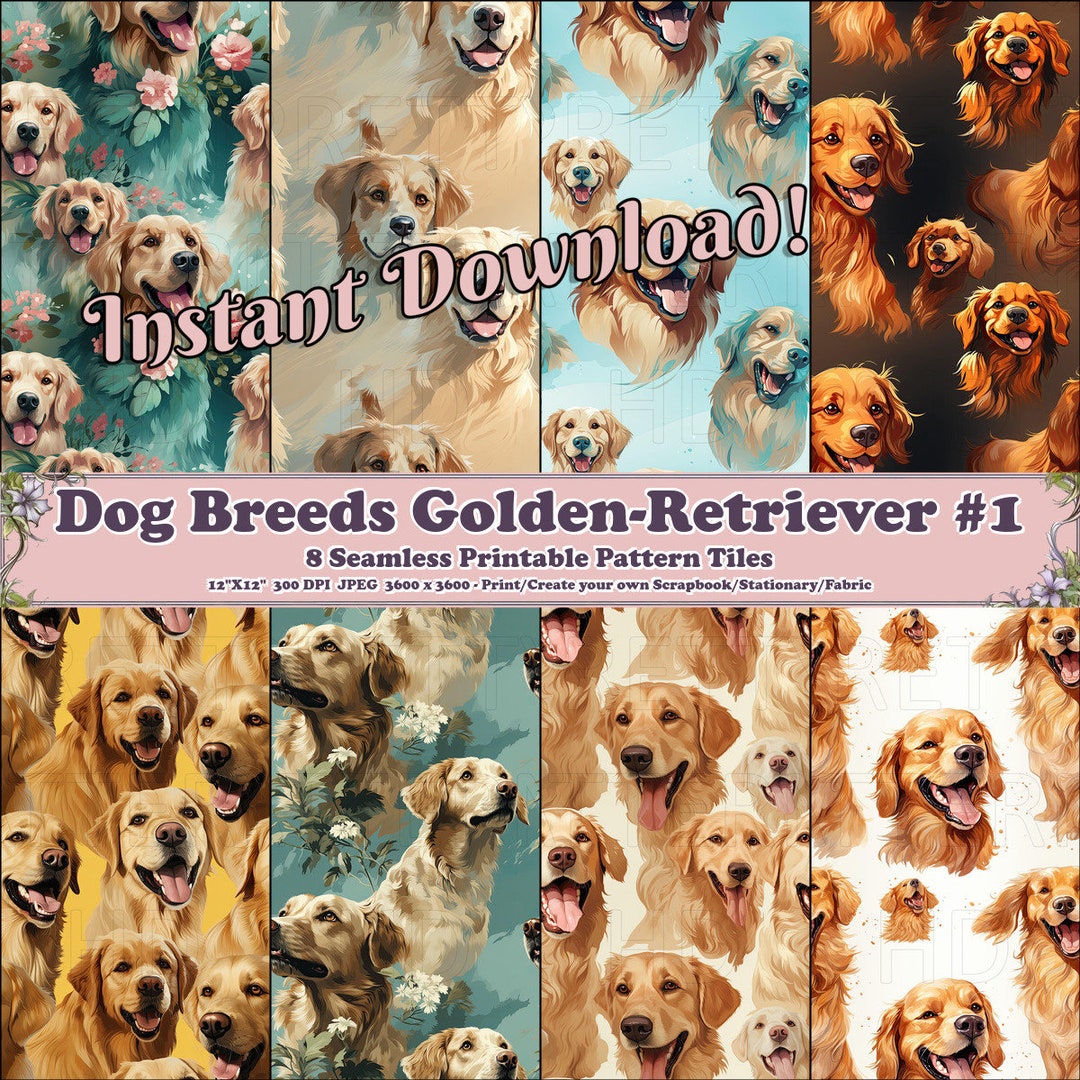 Dog Breeds Golden Retriever #1 -8 Printable Scrapbook Sheets-seamless ...