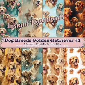 Può includere: Otto piastrelle di carta digitale con un motivo senza cuciture di cani golden retriever. Le piastrelle misurano 30,48 cm per 30,48 cm e 300 DPI. Il testo "Download immediato!" e "Razze di cani Golden Retriever #1" è visualizzato sull'immagine.