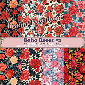 May include: Eight digital paper designs featuring red, pink, and white roses with green leaves on a variety of backgrounds. The designs are seamless and can be used for scrapbooking, stationary, and fabric.