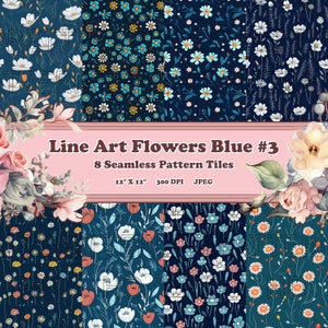 Geïllustreerde lijntekeningen bloemen blauw #3 - 8 afdrukbare plakboekvellen - continue naadloze patronen - digitale achtergronden papier - botanisch