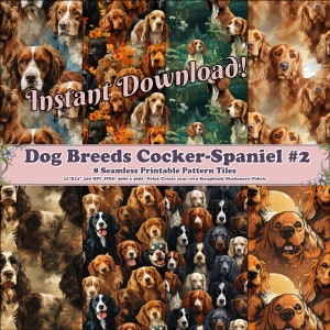 Cocker anglais #2 - 8 adorables feuilles de scrapbooking imprimables - arrière-plans numériques sans couture, collection race bien-aimée, délice des amoureux des chiens