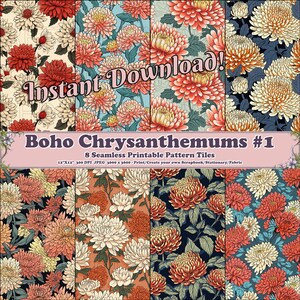May include: Eight digital paper tiles featuring a seamless pattern of chrysanthemums in shades of red, white, and yellow. The tiles are 12 inches by 12 inches and 300 DPI.