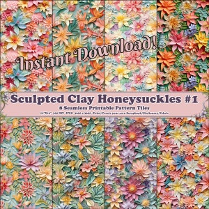 May include: Eight digital paper tiles featuring a seamless pattern of sculpted clay honeysuckles in shades of pink, yellow, orange, and green. The tiles are 12 inches by 12 inches and 300 DPI. "Instant Download!" and "Sculpted Clay Honeysuckles #1" are written in a pink banner at the top of the image.