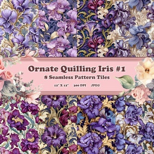 May include: Eight digital paper tiles featuring a seamless pattern of purple and gold irises with ornate quilling designs. The tiles are 12 inches by 12 inches and 300 DPI.