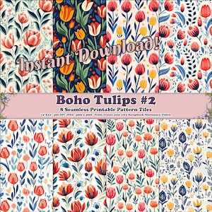May include: Eight digital paper designs featuring a repeating pattern of red, yellow, and blue tulips on a white background. The text "Boho Tulips #2" is at the top of the image. The text "Instant Download!" is at the top of the image. The text "12"X12" 300 DPI JPEG 3600 x 3600 - Print/Create your own Scrapbook/Stationary/Fabric" is at the bottom of the image.