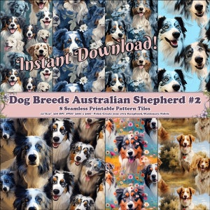 Può includere: Otto disegni digitali di carta con cani pastore australiano in varie pose e ambientazioni. I disegni sono senza cuciture e possono essere utilizzati per la stampa, lo scrapbooking, la cancelleria o il tessuto.
