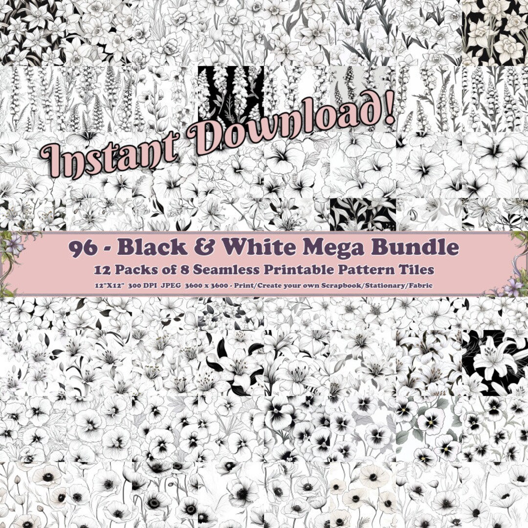 Black & White MEGA BUNDLE #1 - 96 Printable Scrapbook Sheets - Seamless ...