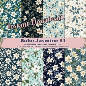 May include: Eight digital paper tiles featuring a seamless pattern of white jasmine flowers and green leaves on various coloured backgrounds, including teal, blue, and light blue. The text "Instant Download!" and "Boho Jasmine #1" is displayed on the image. The text "8 Seamless Printable Pattern Tiles" is displayed on the image. The text "12"X12" 300 DPI JPEG 3600 x 3600 - Print/Create your own Scrapbook/Stationary/Fabric" is displayed on the image.