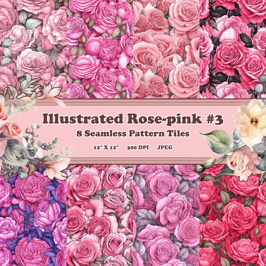Illustrated Roses Pink #3 - 8 Printable Scrapbook Sheets - Seamless ...