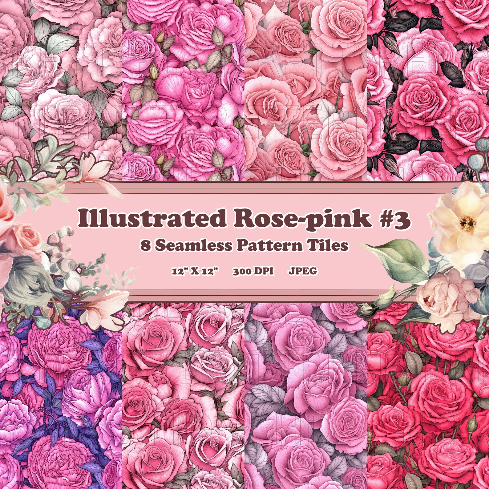 Illustrated Roses Pink #3 - 8 Printable Scrapbook Sheets - Seamless ...