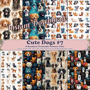May include: Eight digital paper designs featuring cute cartoon dogs in various poses and colours. The designs are seamless and can be used for scrapbooking, stationery, or fabric.