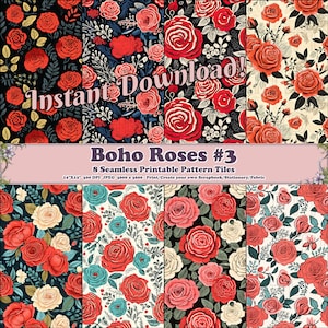 May include: Eight digital paper tiles featuring a seamless pattern of red, pink, and white roses with green leaves on a black background. The text "Boho Roses #3" is displayed in a pink banner at the top of the image. The text "Instant Download" is displayed in a white banner at the top of the image. The text "12"X12" 300 DPI JPEG 3600 x 3600 - Print/Create your own Scrapbook/Stationary/Fabric" is displayed in a white banner at the bottom of the image.