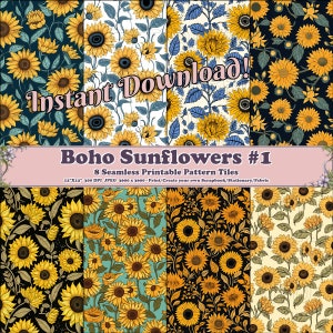 May include: Eight digital paper designs featuring a boho sunflower pattern. The designs are in various color combinations, including black, white, yellow, green, and blue. The text "Instant Download!" and "Boho Sunflowers #1" is included in the image.