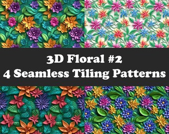 Op de afbeelding: Vier naadloze tegelpatronen met 3D-bloemmotieven. De patronen omvatten een verscheidenheid aan kleurrijke bloemen en bladeren in een levendige, tropische stijl.