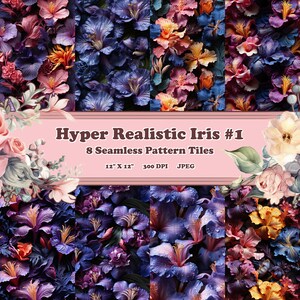May include: Eight seamless digital paper tiles featuring a hyper realistic pattern of purple, blue, and yellow iris flowers. The tiles are 12 inches by 12 inches and 300 DPI.